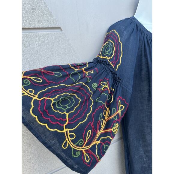 Eleven By March 11 Navy 100% Linen Embroidered Floral Tassel Mini Dress Size M - Picture 4 of 12